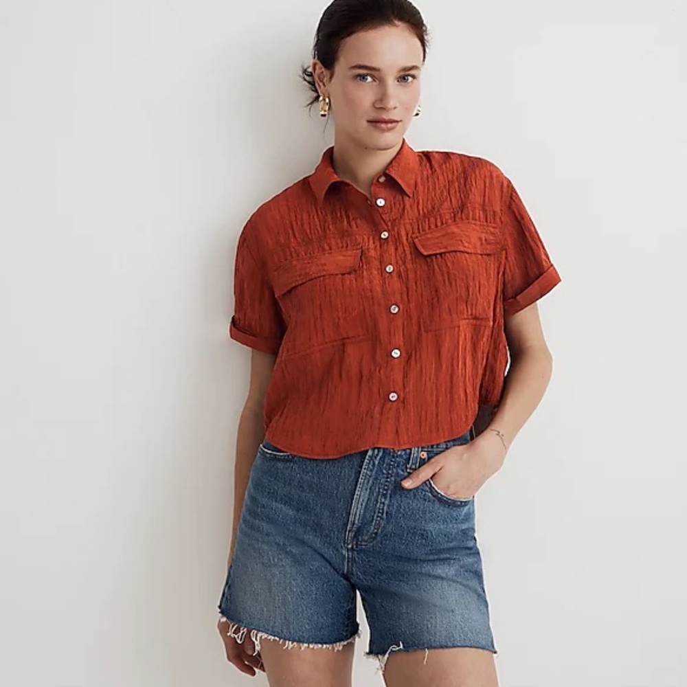 Madewell Crinkled Utility Button-Up Shirt Stained Mahogany Medium (A)